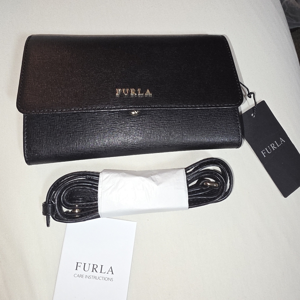 Furla Black Leather Wallet With Crossbody Strap - Picture 2 of 12